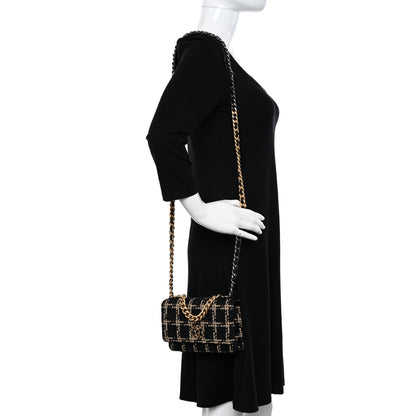 Chanel Tweed Quilted Chanel 19 Wallet On Chain WOC Black Beige 2 of 11