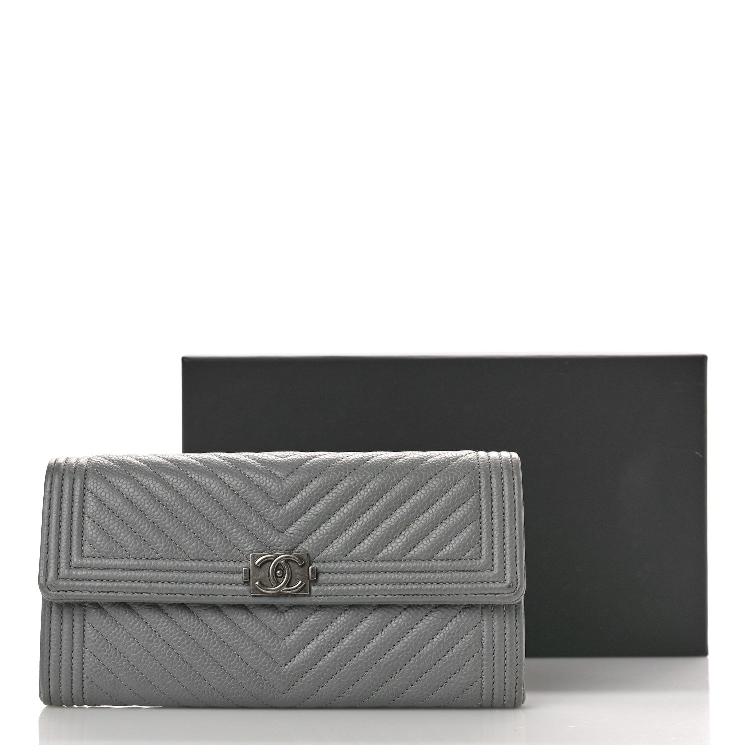 Chanel Caviar Chevron Quilted Large Boy Gusset Flap Wallet Grey 13 of 13