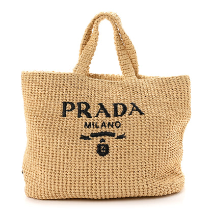 Prada Yarn Raffia Effect Crochet Embroidered Logo Tote Naturale 1 of 9