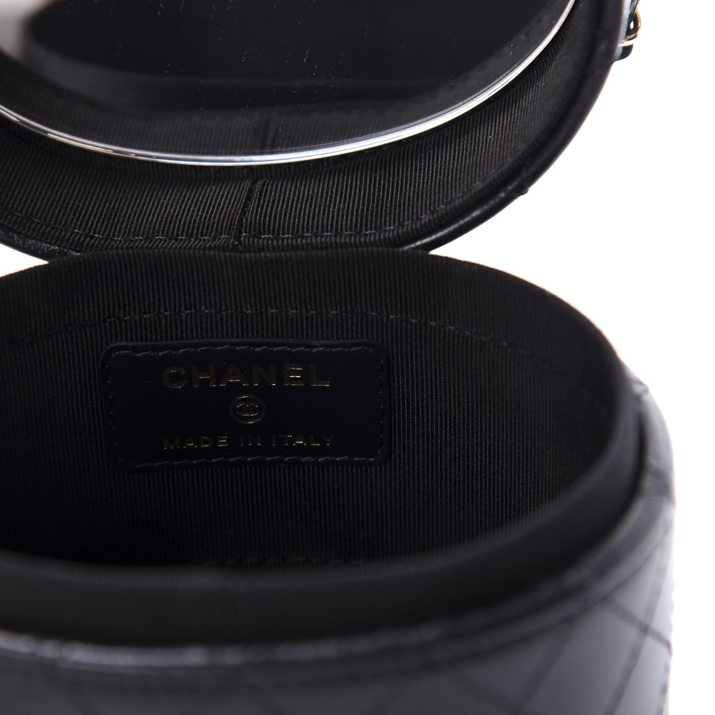 Lambskin Quilted Mini Round Vanity Case With Chain Black