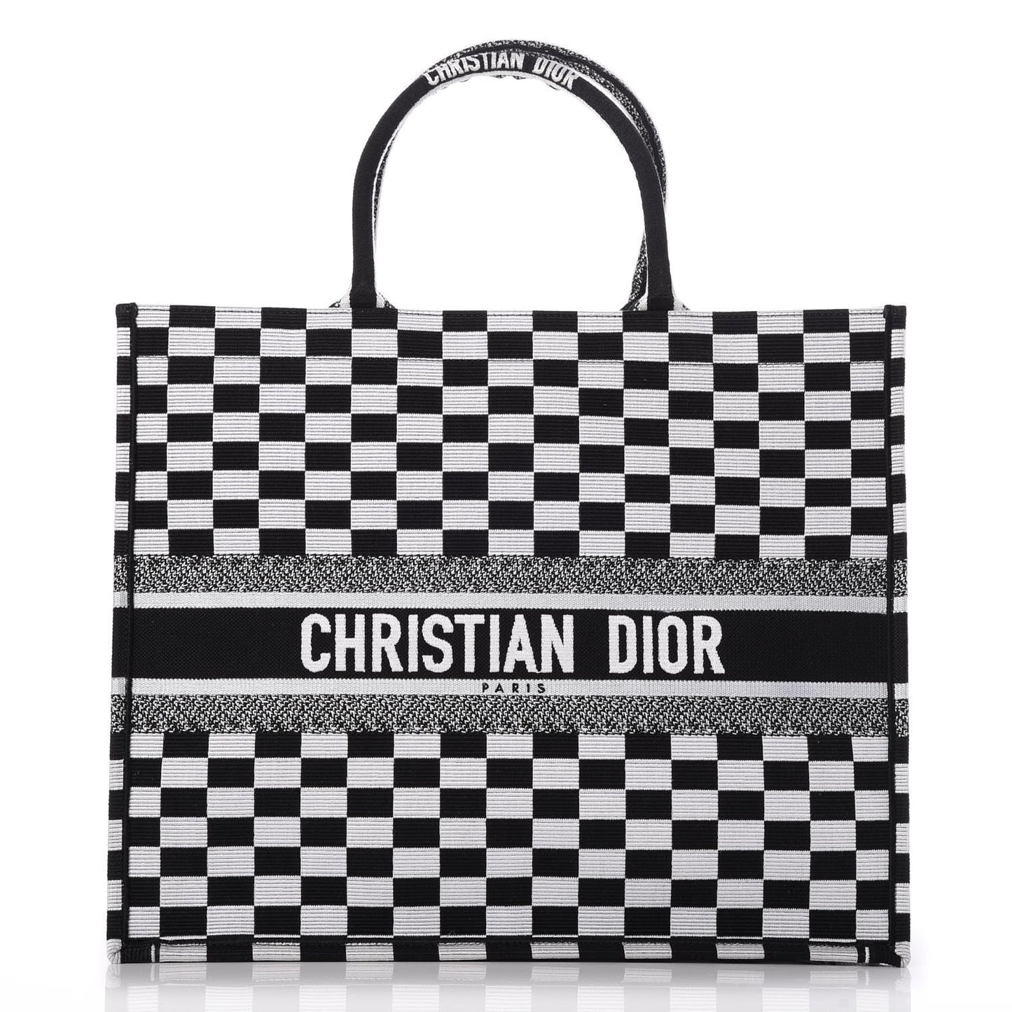 Canvas Embroidered Checkered Book Tote Black White