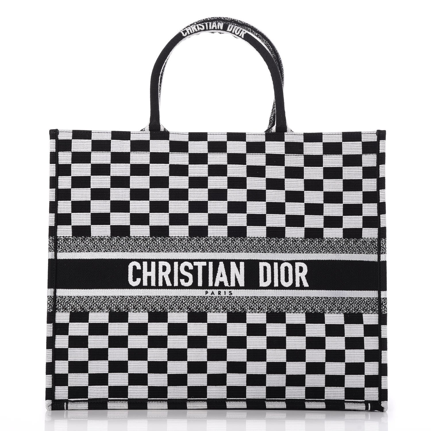 Christian Dior Canvas Embroidered Checkered Book Tote Black White 1 of 7