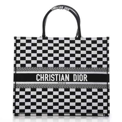 Christian Dior Canvas Embroidered Checkered Book Tote Black White 1 of 7