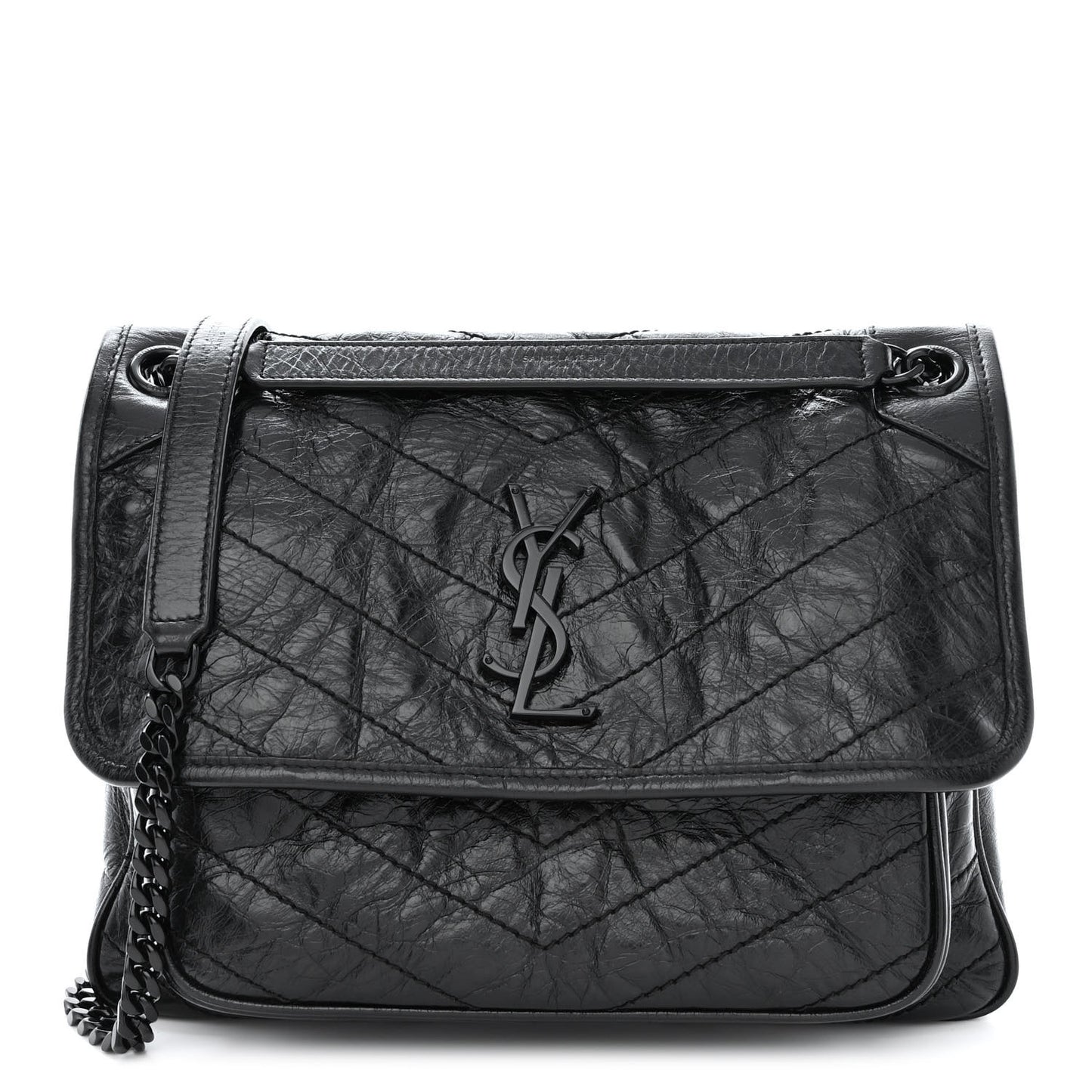 Crinkled Calfskin Matelasse Monogram Medium Niki Chain Satchel Black