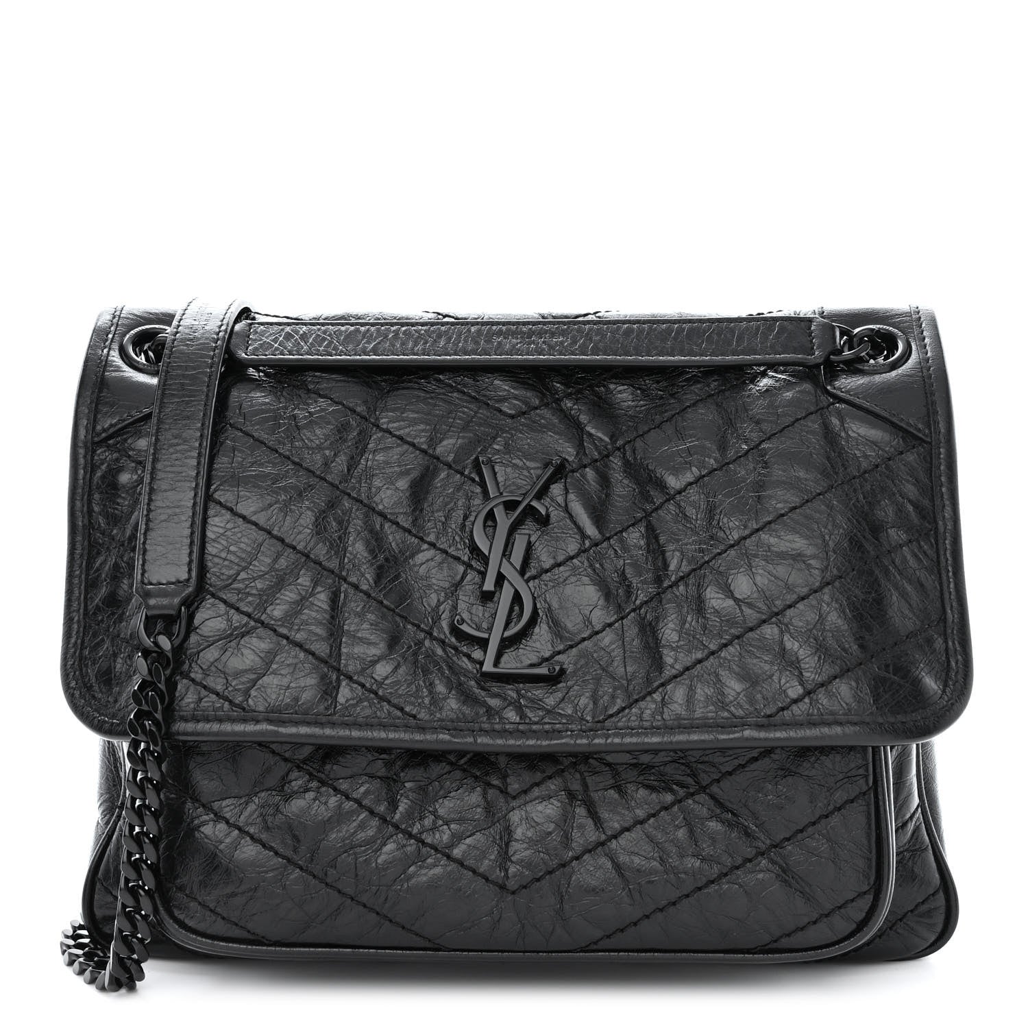 Saint Laurent Crinkled Calfskin Matelasse Monogram Medium Niki Chain Satchel Black 1 of 12