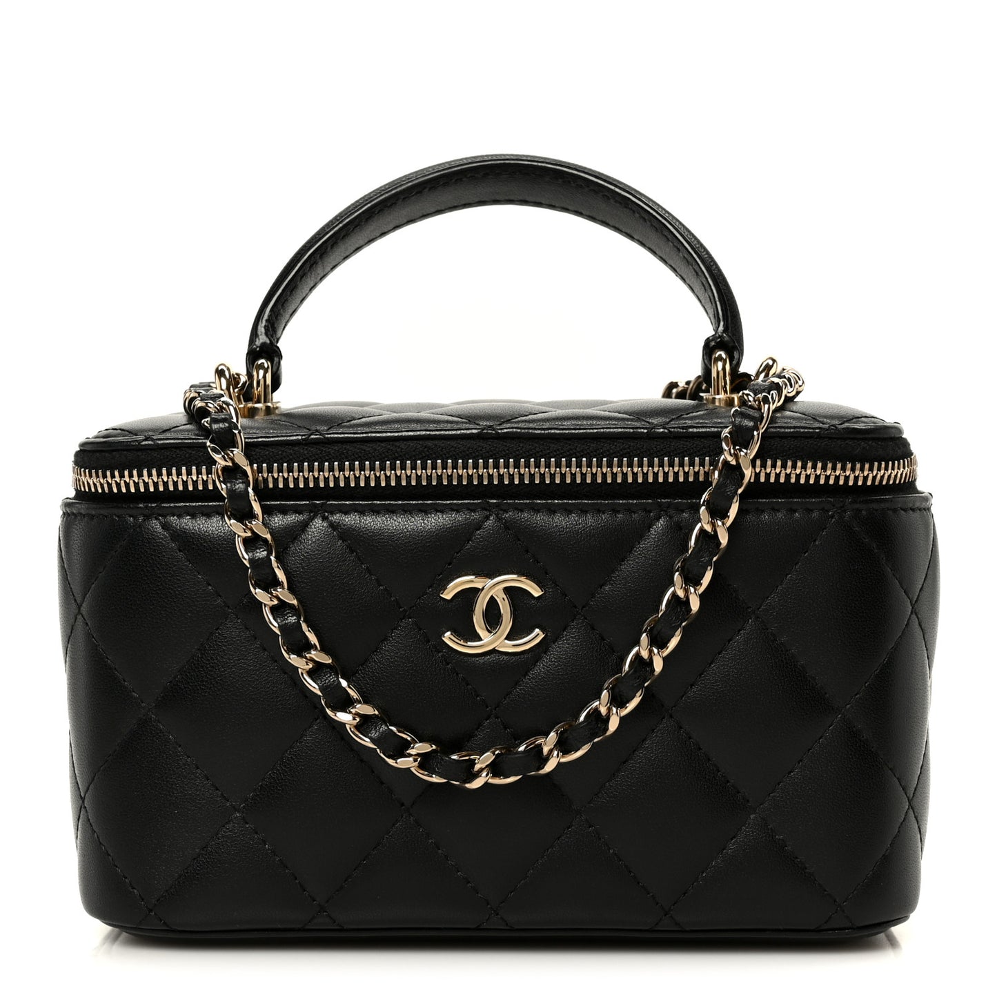 Lambskin Quilted Small Top Handle Vanity Case With Chain Black