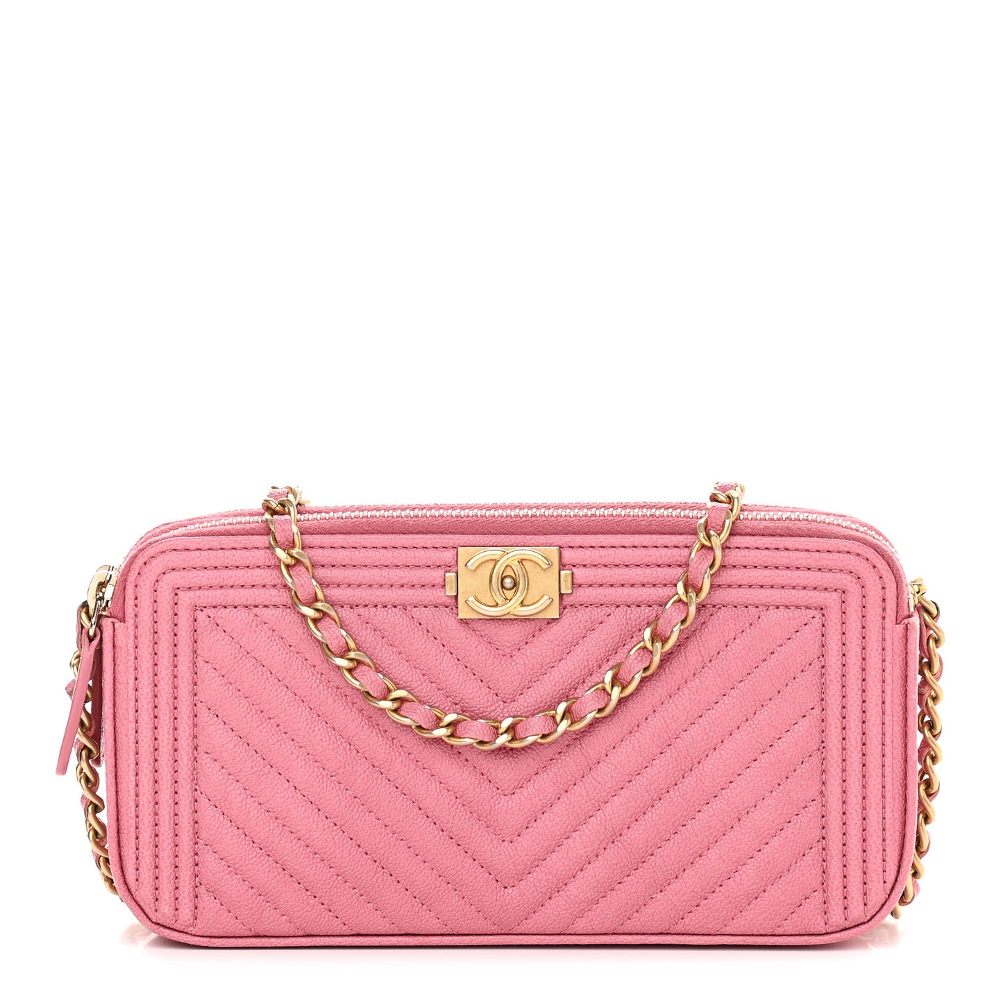 Caviar Chevron Small Boy Clutch With Chain Pink