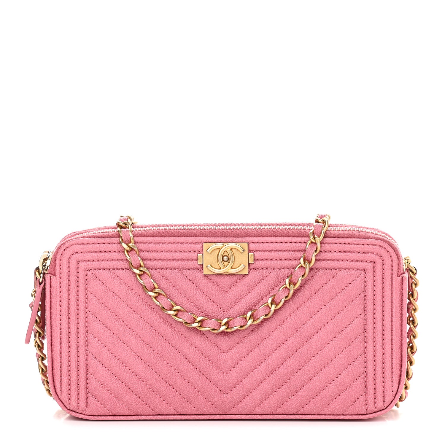 Chanel Caviar Chevron Small Boy Clutch With Chain Pink 1 of 11