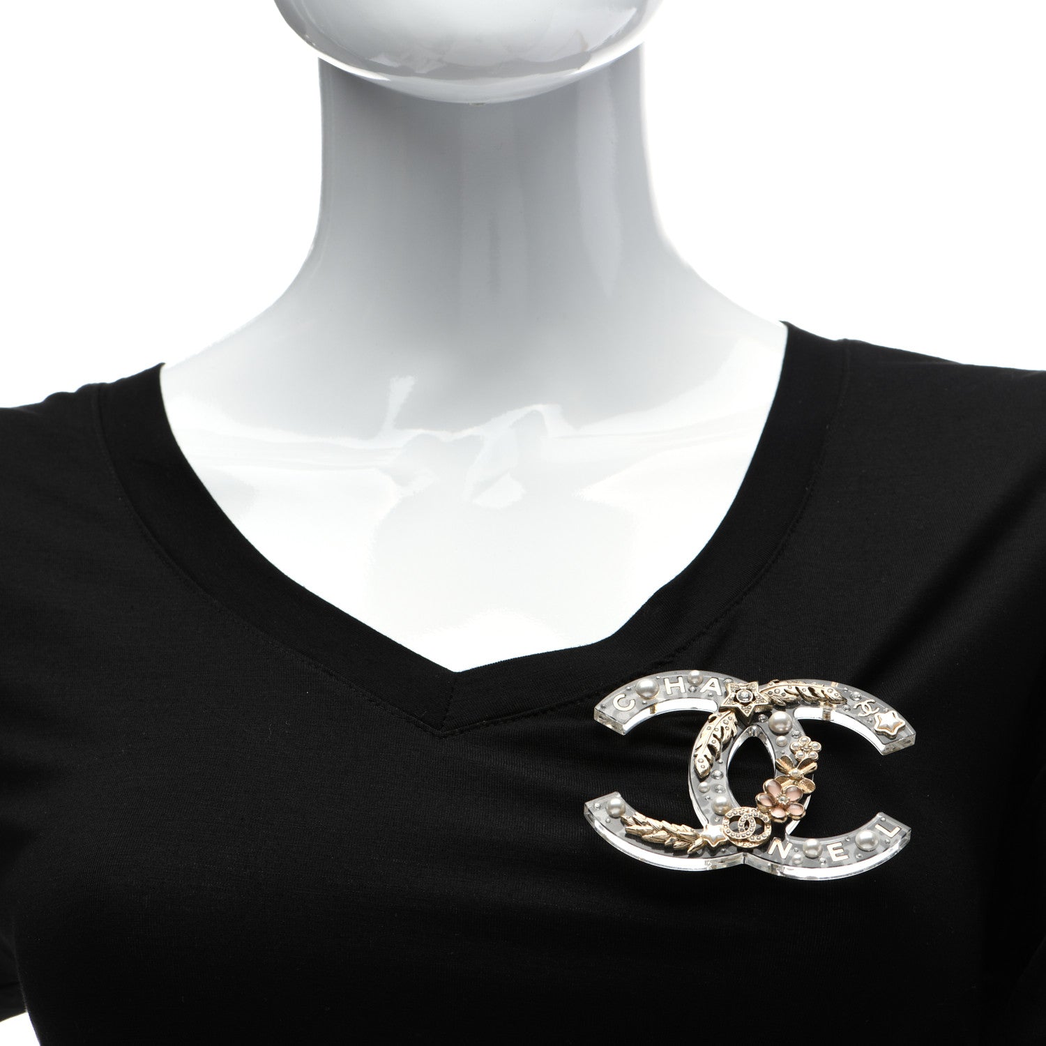 Chanel Resin Pearl Crystal Feather Star CC Brooch Transparent Gold 2 of 5