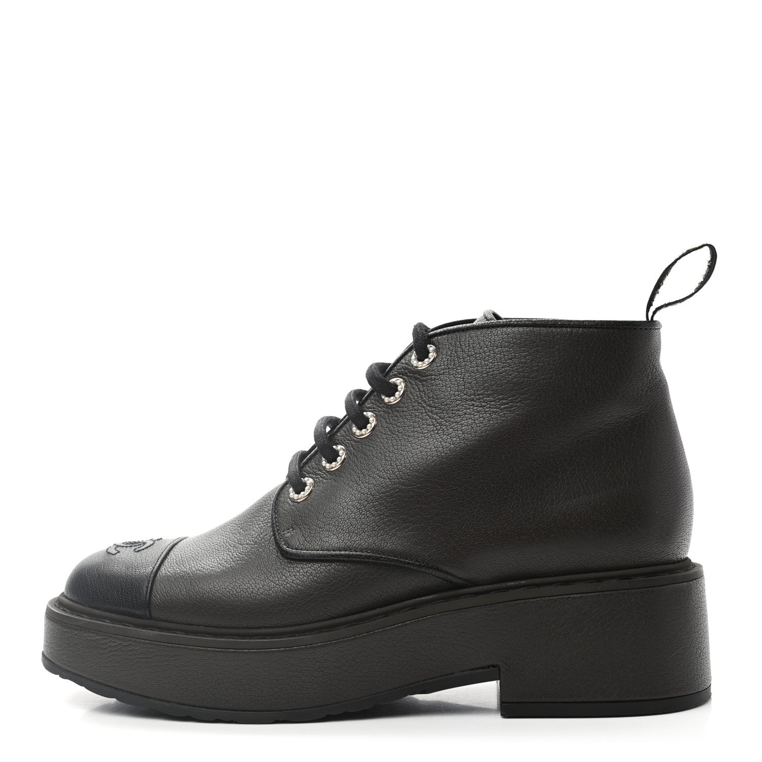 Chanel Goatskin Pearl Lace Up CC Short Boots 41.5 Brown Black 1 of 12