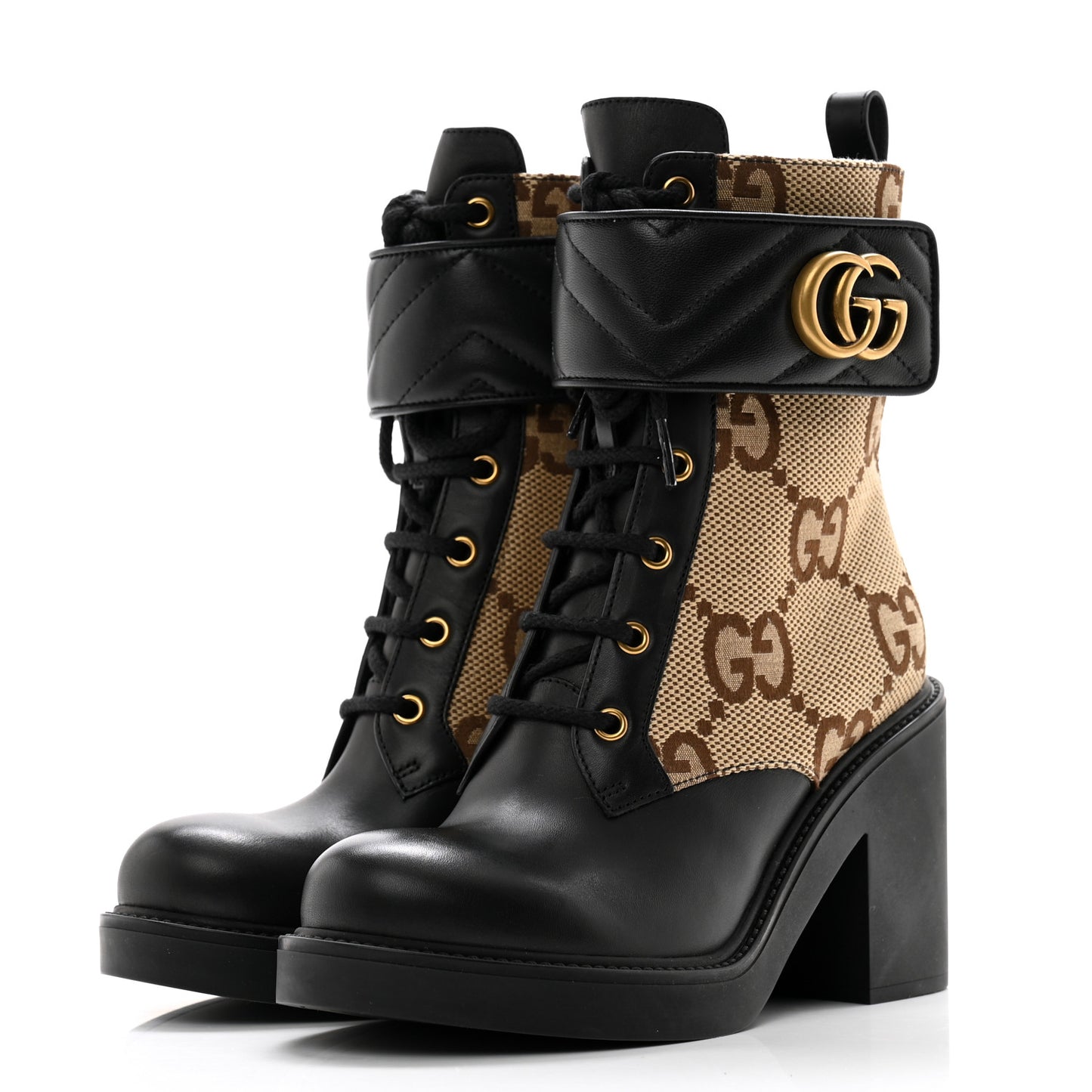 Flores Calfskin Monogram Maxi GG Nappa Matelasse Double G Ankle Boots 37.5 Black Camel Ebony