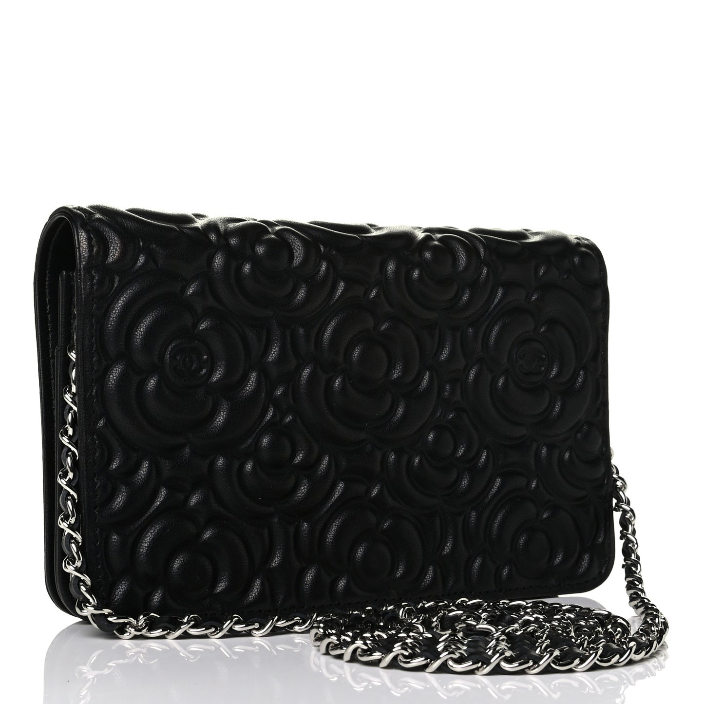 Lambskin Camellia Embossed Wallet on Chain WOC Black