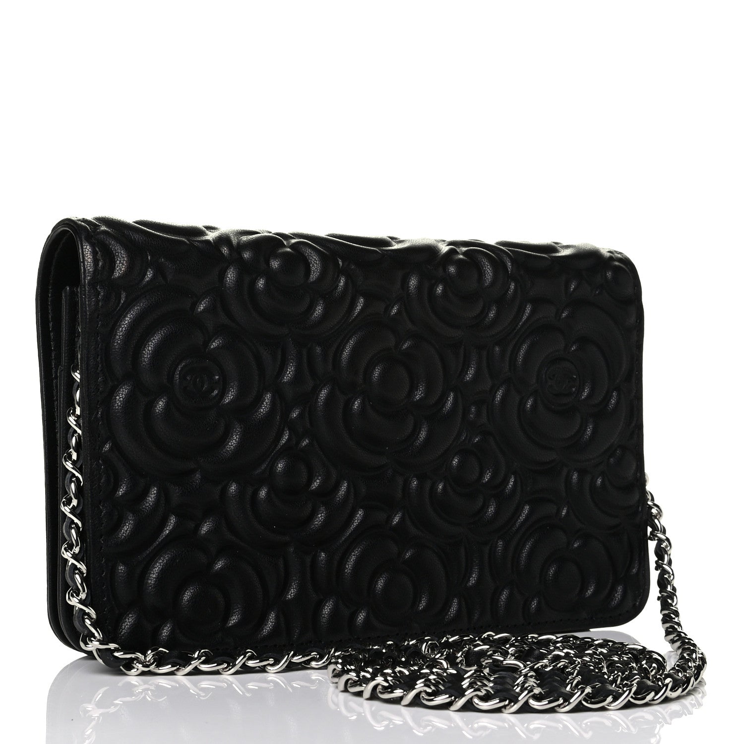 Chanel Lambskin Camellia Embossed Wallet on Chain WOC Black 2 of 4