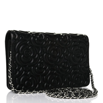 Chanel Lambskin Camellia Embossed Wallet on Chain WOC Black 2 of 4