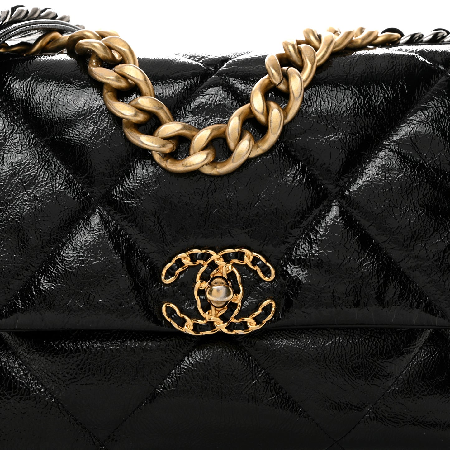 Shiny Crumpled Calfskin Quilted Large Chanel 19 Flap Black