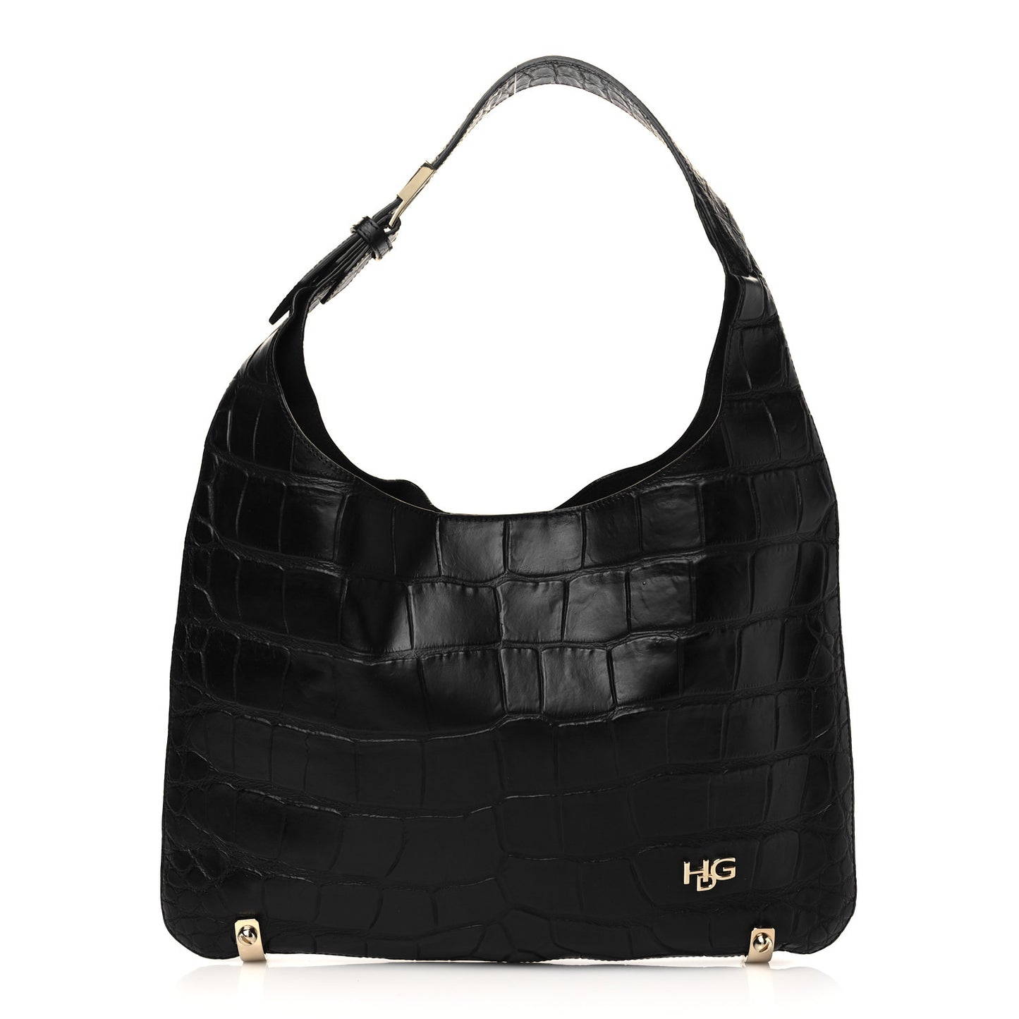 Calfskin Crocodile Embossed Small HDG Hobo Bag Black