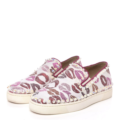 Christian Louboutin Metallic Fabric Lurex Lips Spikes Womens Pik Boat Flat Sneaker 35 White Multicolor 3 of 10