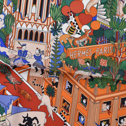 Hermes Silk Animapolis Scarf 90 Orange Vert Bleu 3 of 7