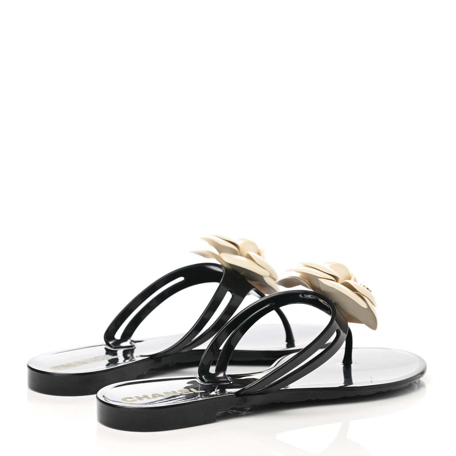 Chanel Jelly Camellia Thong Sandals 37 Black Ivory 4 of 9