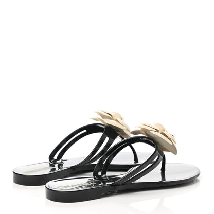 Chanel Jelly Camellia Thong Sandals 37 Black Ivory 4 of 9