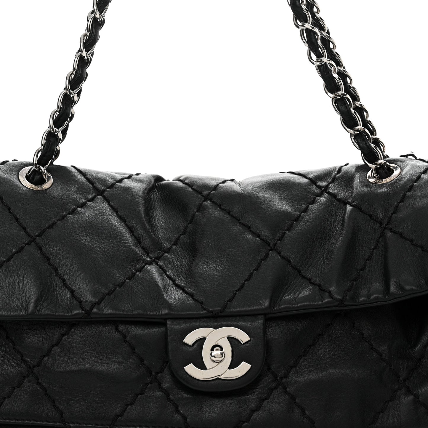 Calfskin Stitched Large Expandable Flap Bag Black