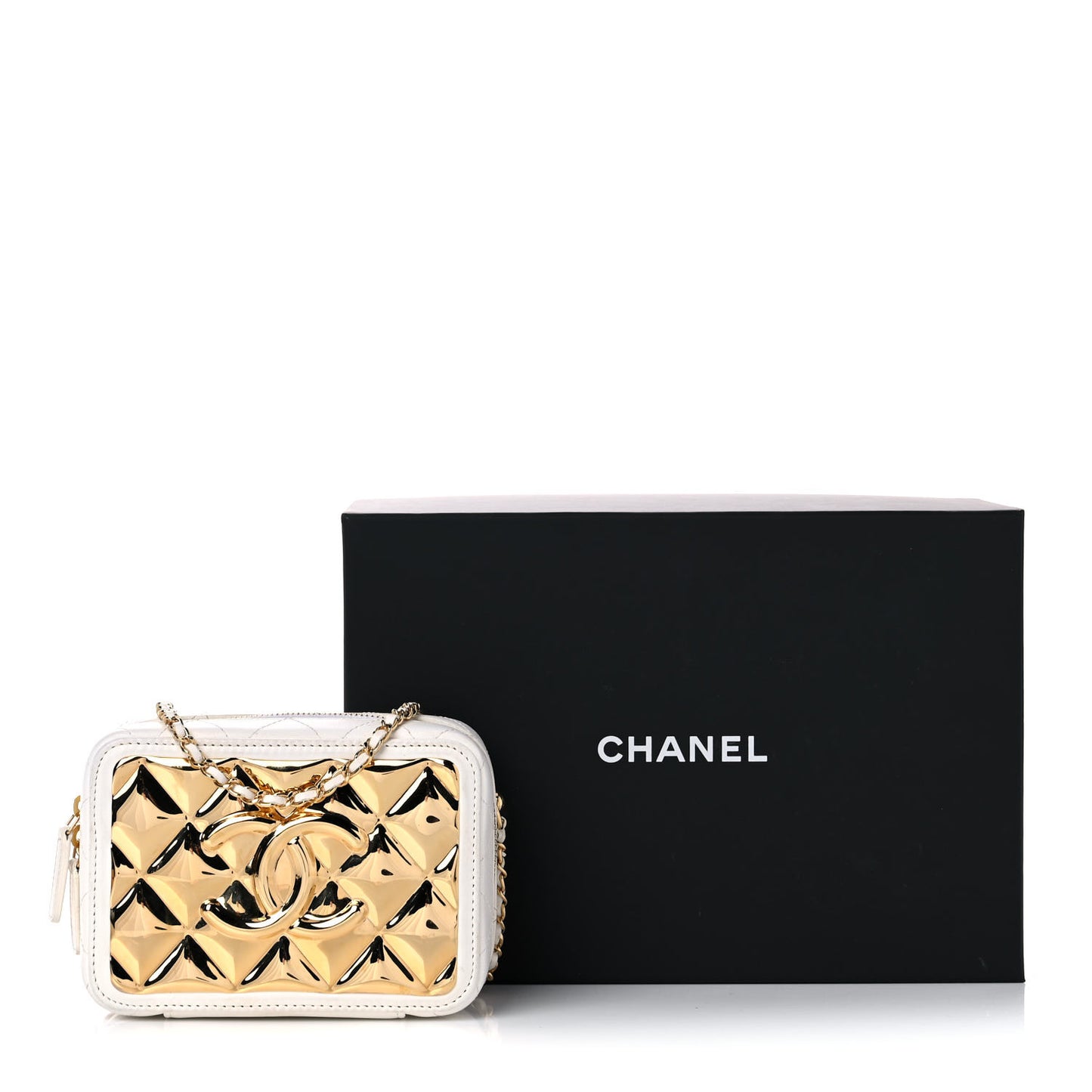 Lambskin Quilted Golden Plate Clutch With Chain White