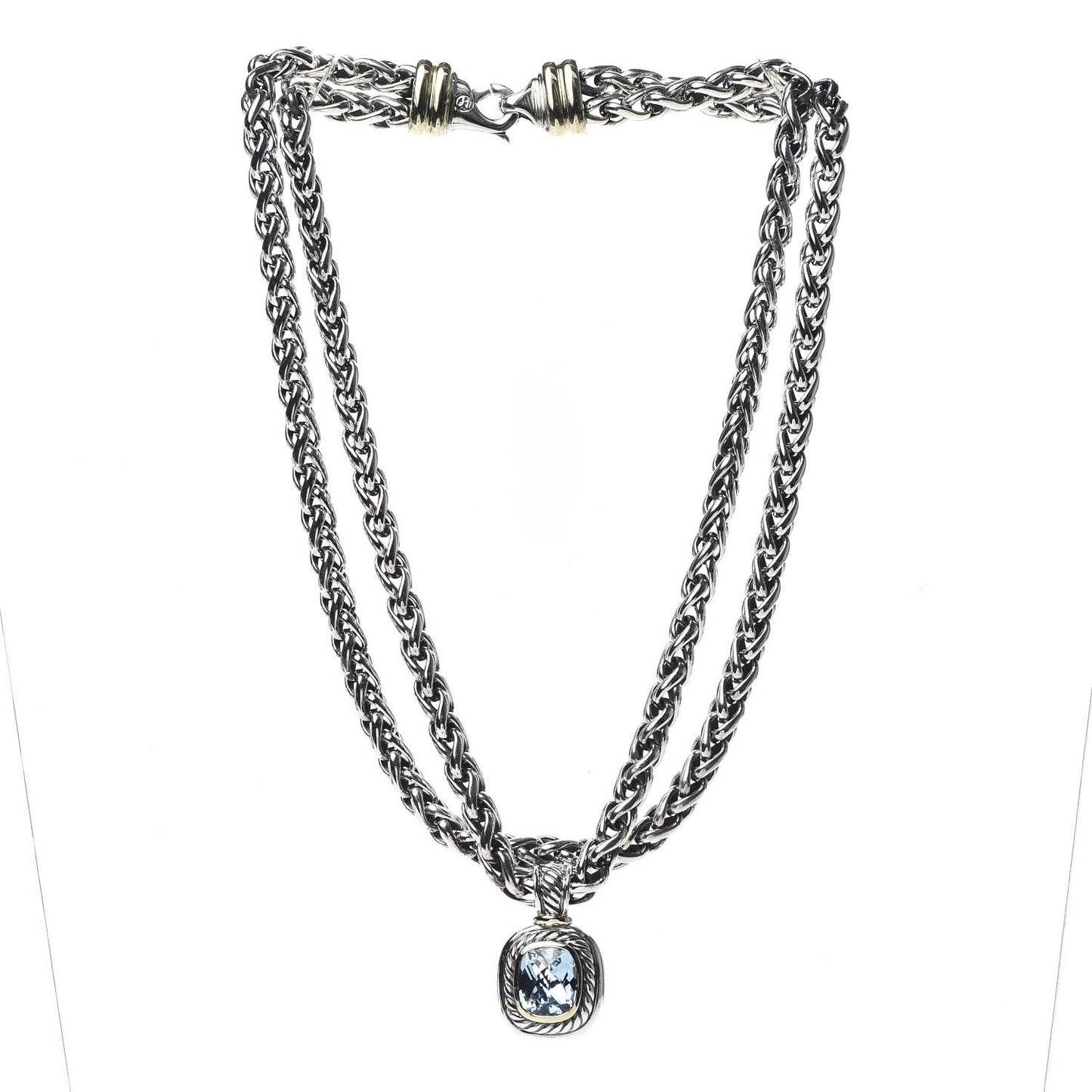 Sterling Silver 14K Yellow Gold 14mm Blue Topaz Albion Enhancer Pendant Necklace