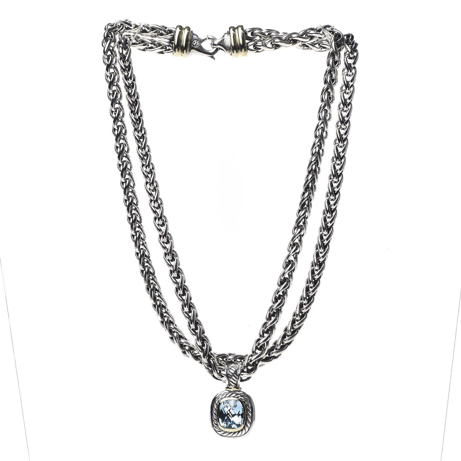 David Yurman Sterling Silver 14K Yellow Gold 14mm Blue Topaz Albion Enhancer Pendant Necklace 3 of 5
