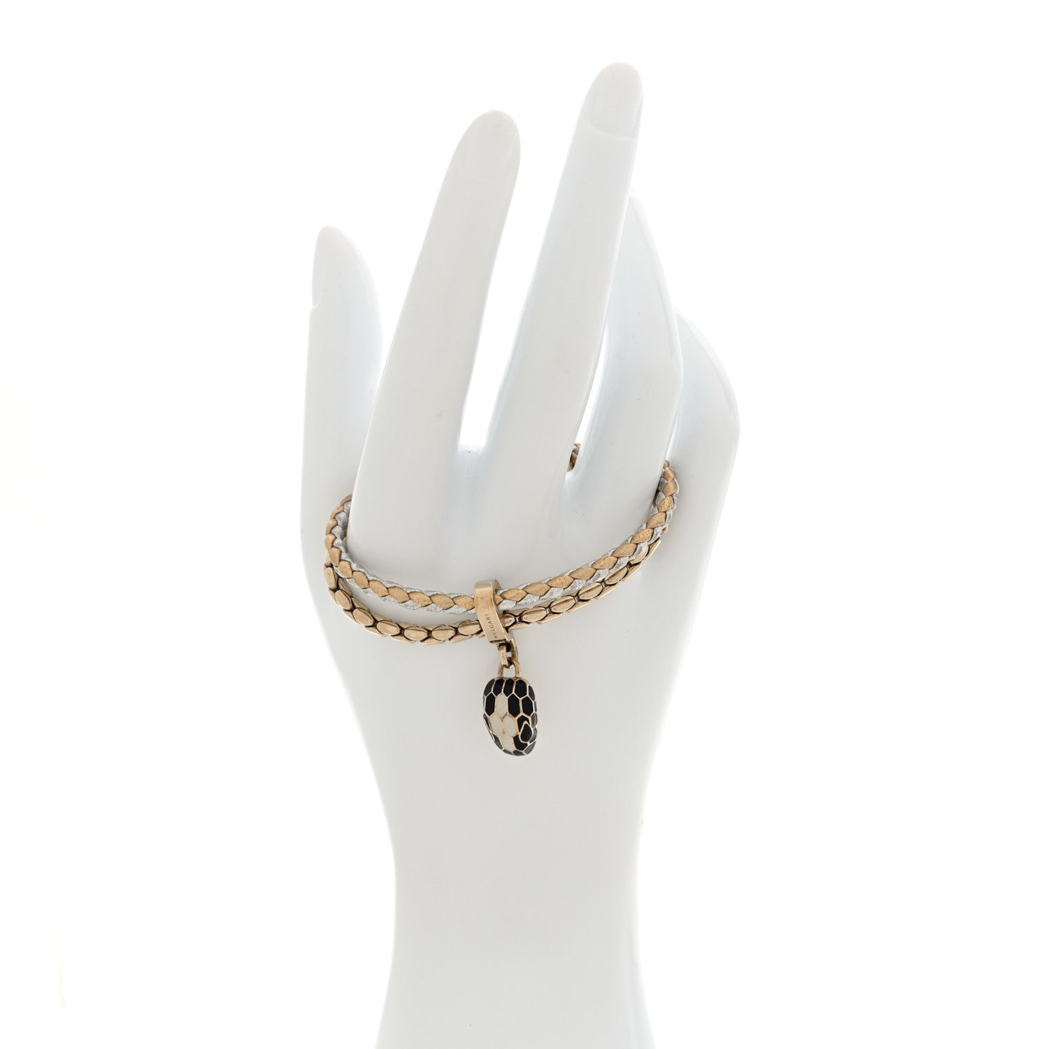 Bulgari Metallic Calfskin Braided Brass Enamel Serpenti Forever Double Coil Bracelet Gold Silver 2 of 4