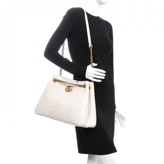 Calfskin Matelasse Medium GG Marmont Shoulder Tote Bag White