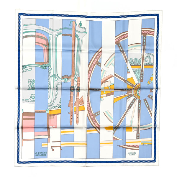 Hermes Silk La Berline Bayadere Scarf 90 White Bleu Ciel Vieux
