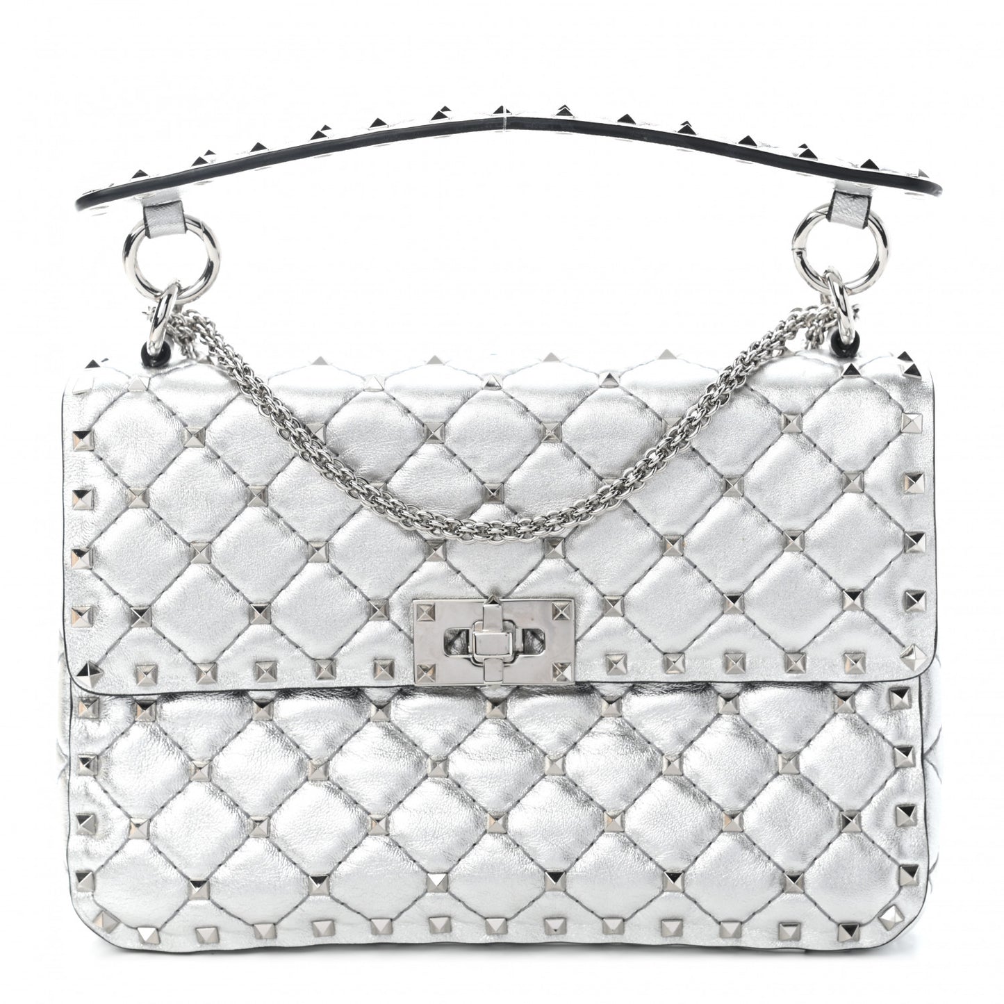 Metallic Nappa Medium Rockstud Spike Shoulder Bag Silver
