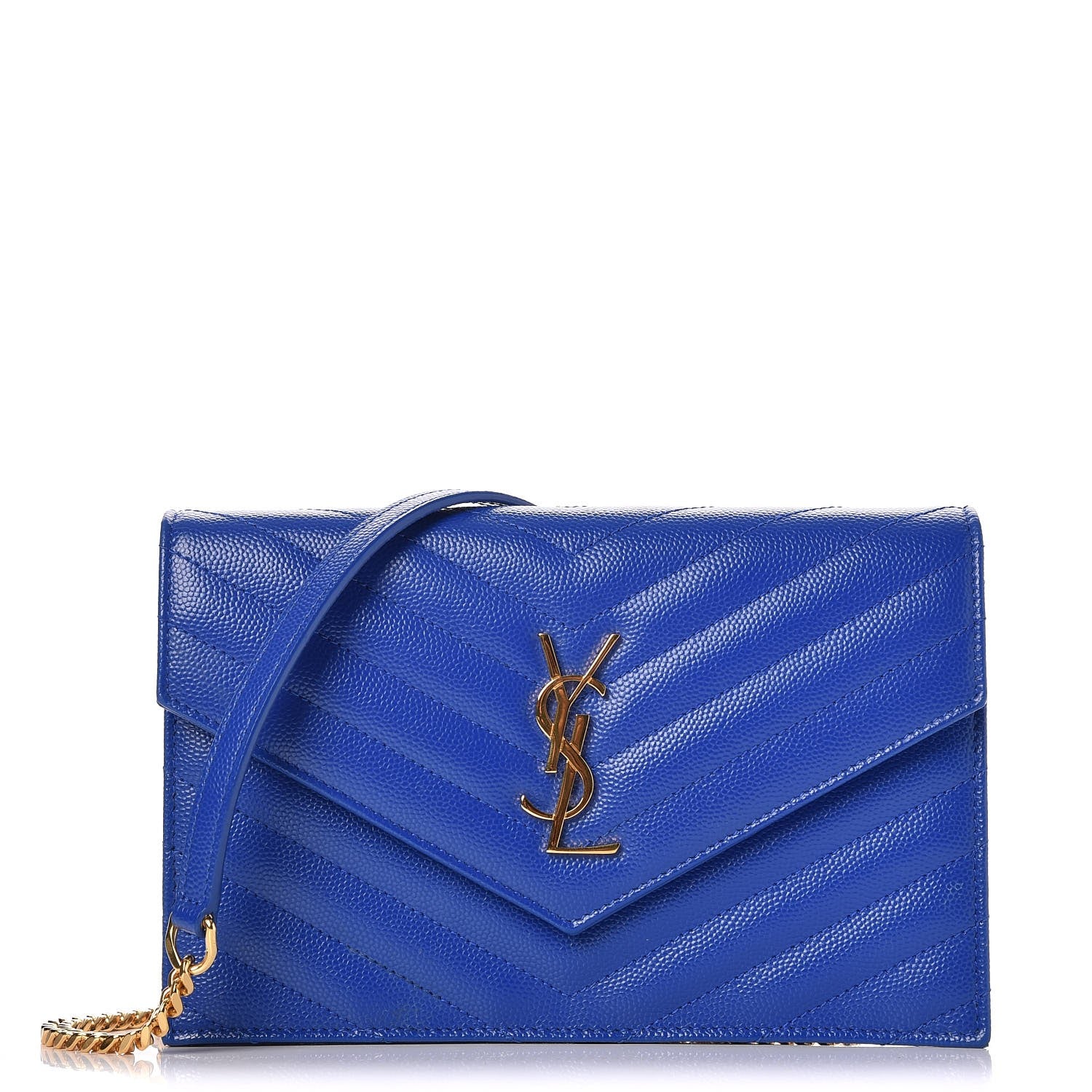 Saint Laurent Grain De Poudre Matelasse Chevron Monogram Envelope Chain Wallet Blue Majorelle 1 of 8