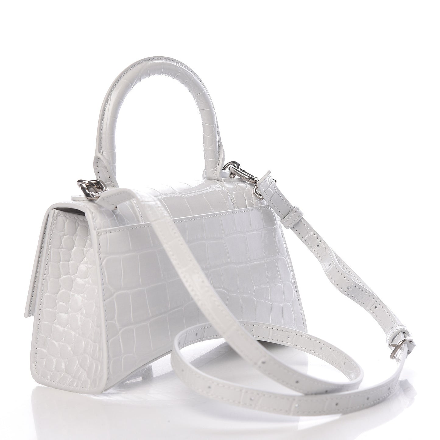 Shiny Calfskin Crocodile Embossed Hourglass Top Handle Bag XS White