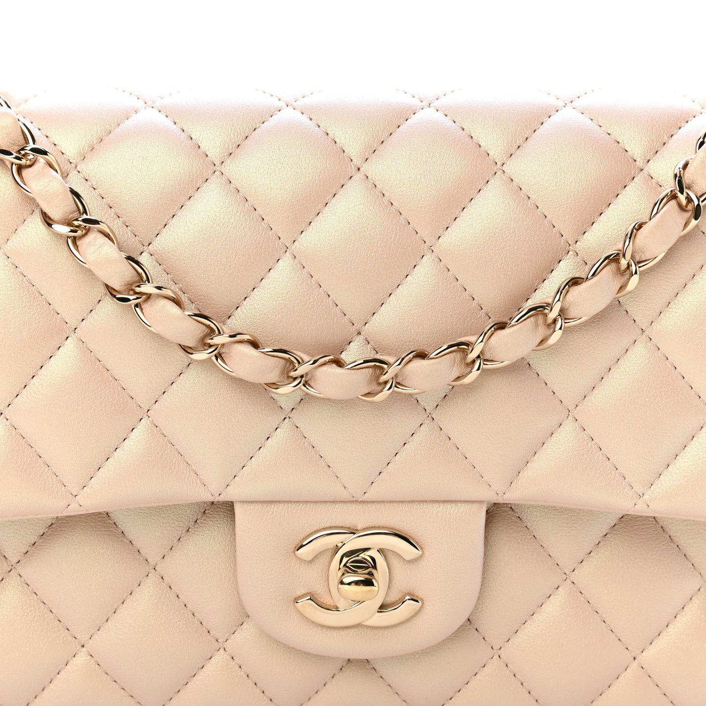 Iridescent Calfskin Quilted Medium Double Flap Beige