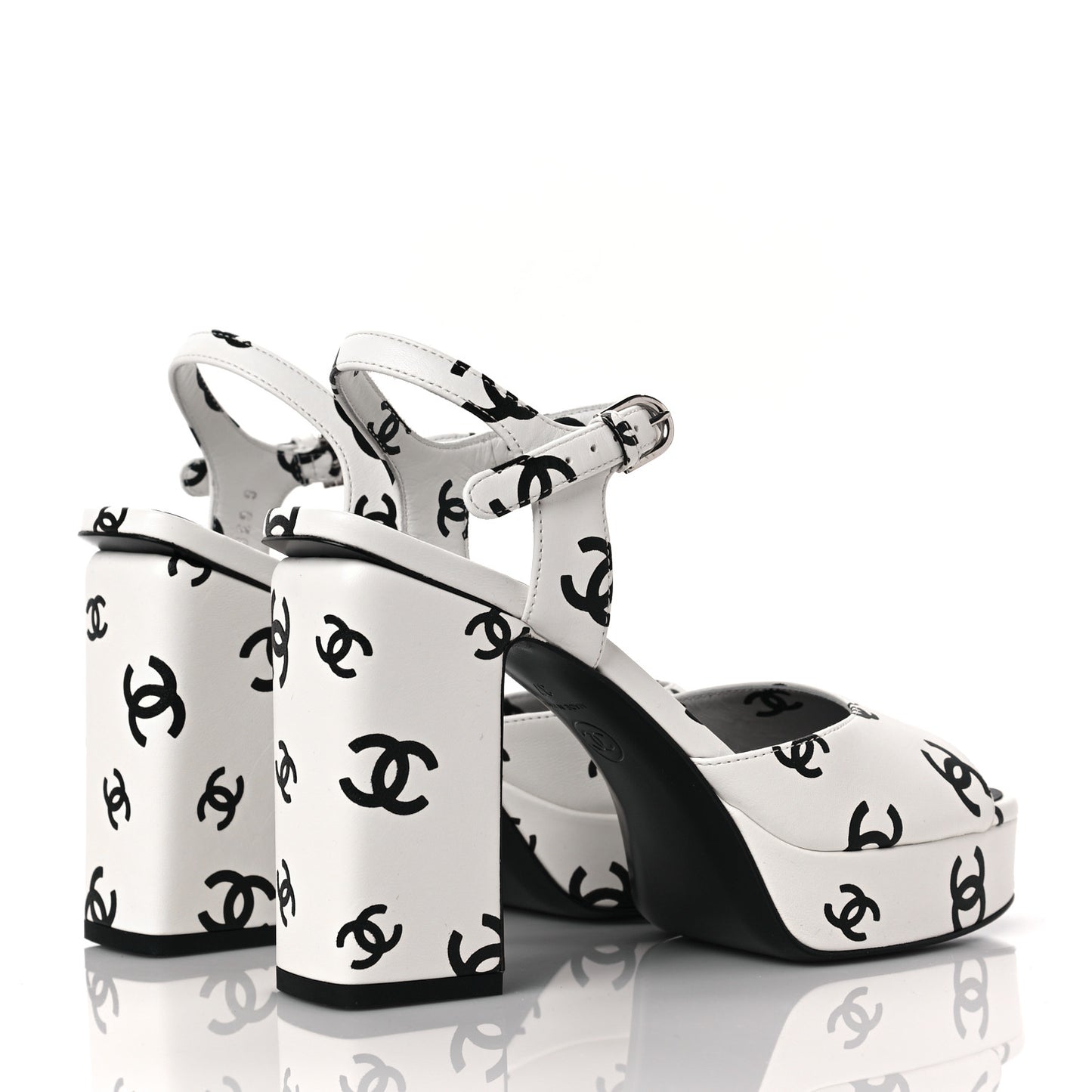 Printed Lambskin CC Platform Sandals 37 White Black