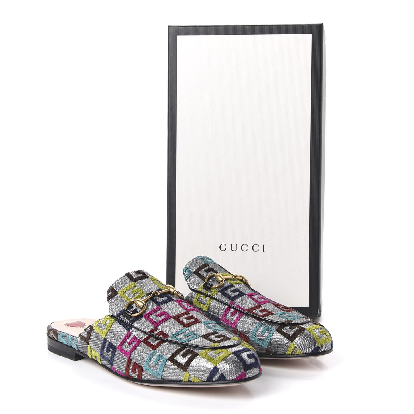 Velvet Lurex Square G Womens Princetown Slippers 38.5 Silver Multicolor