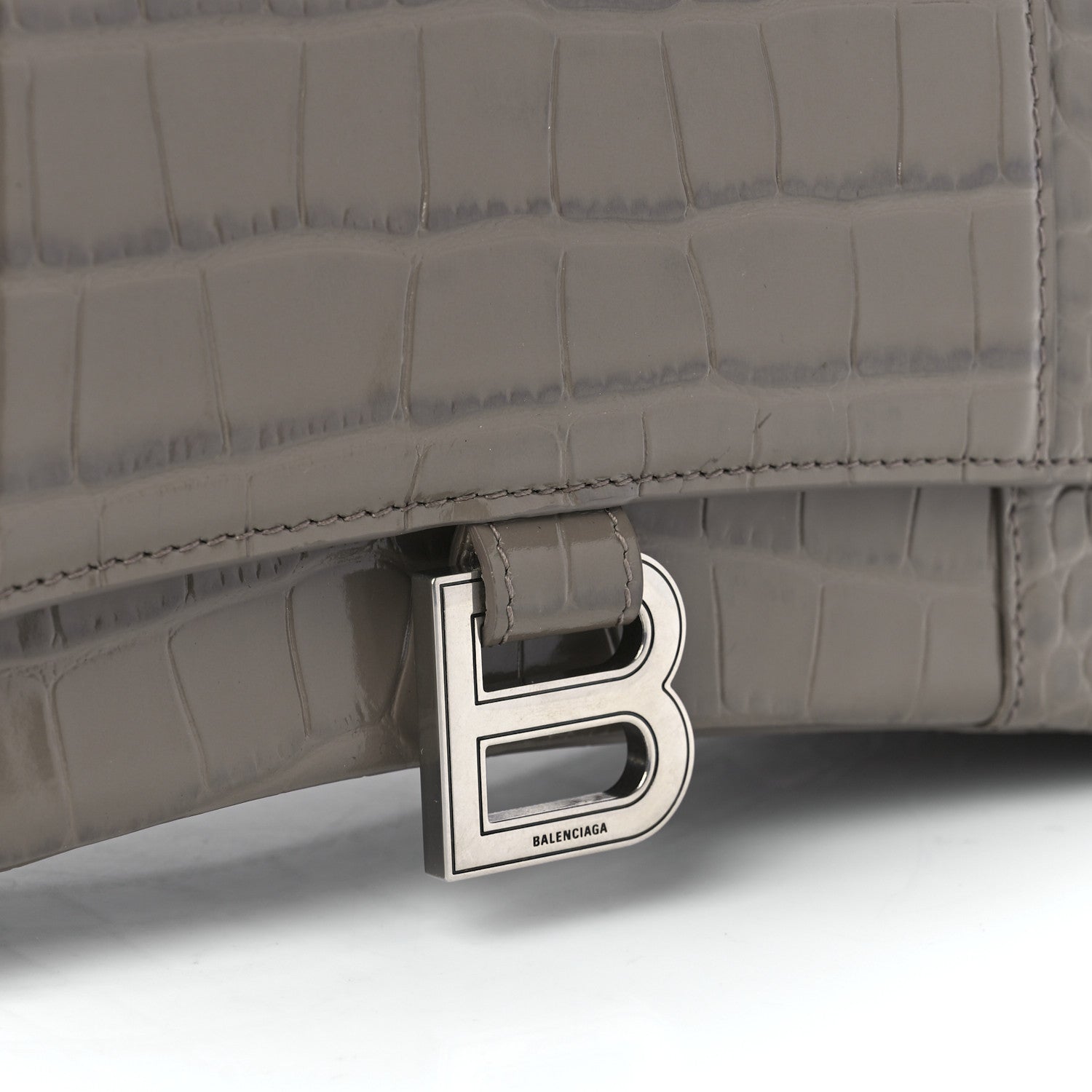 Balenciaga Shiny Calfskin Crocodile Embossed Medium Hourglass Top Handle Bag Mink Grey 8 of 14