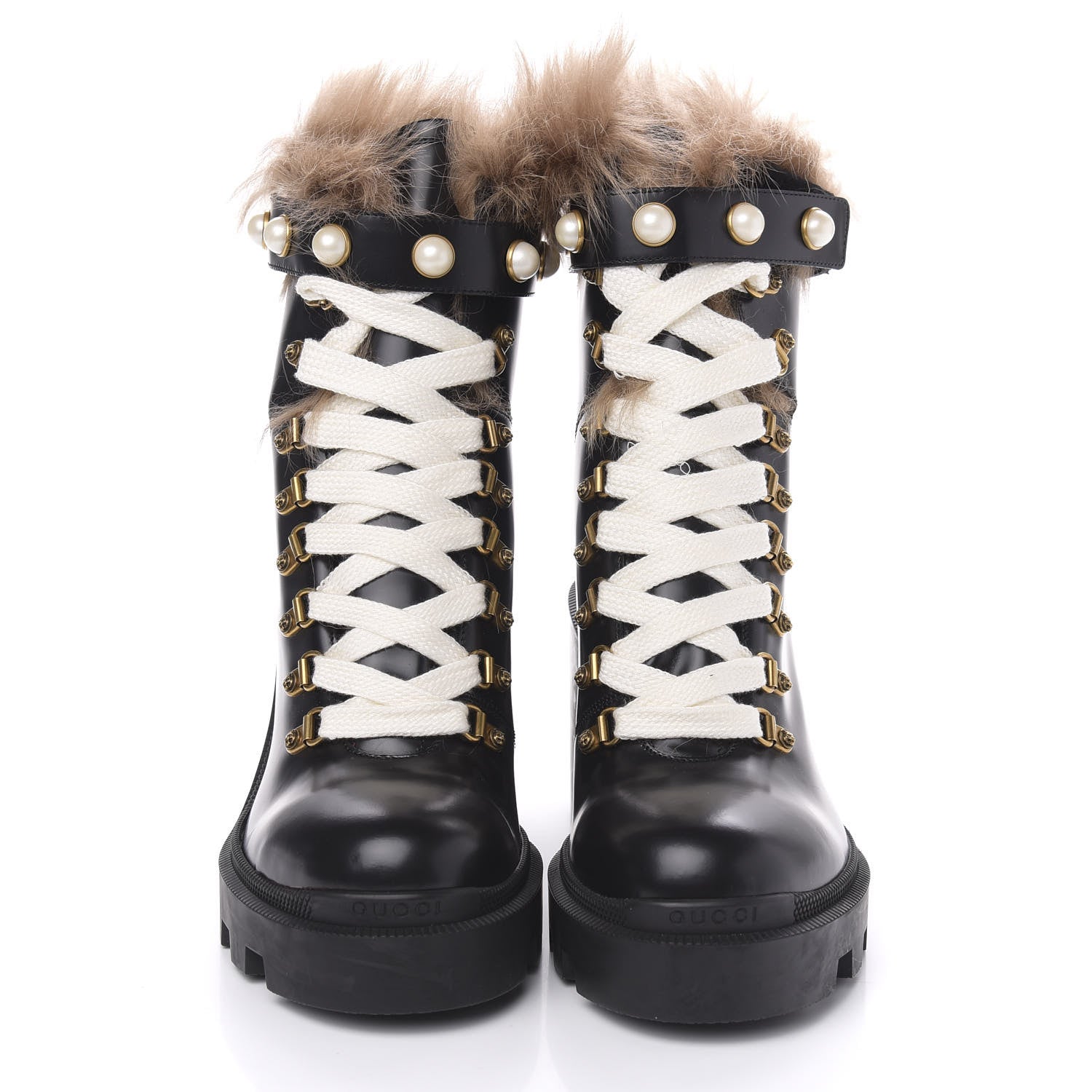 Gucci Magnum Calfskin Fur Pearl Lace Up Combat Ankle Boots 40 Black Naturale 2 of 7