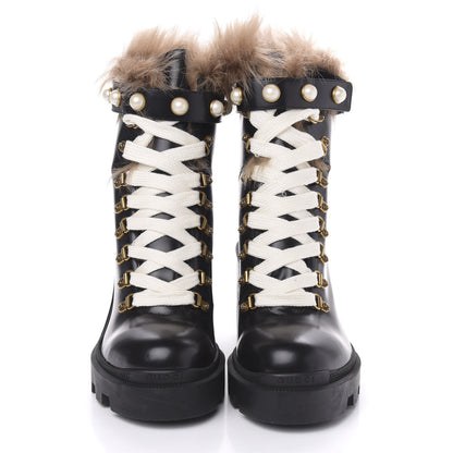 Gucci Magnum Calfskin Fur Pearl Lace Up Combat Ankle Boots 40 Black Naturale 2 of 7