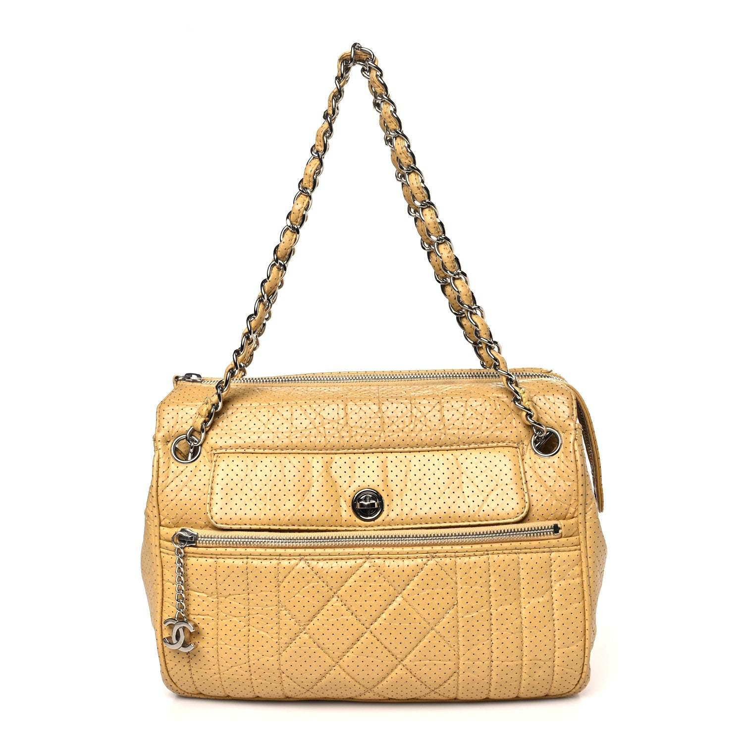 Chanel Calfskin Perforated 50's Satchel Yellow Yellow 1 of 9