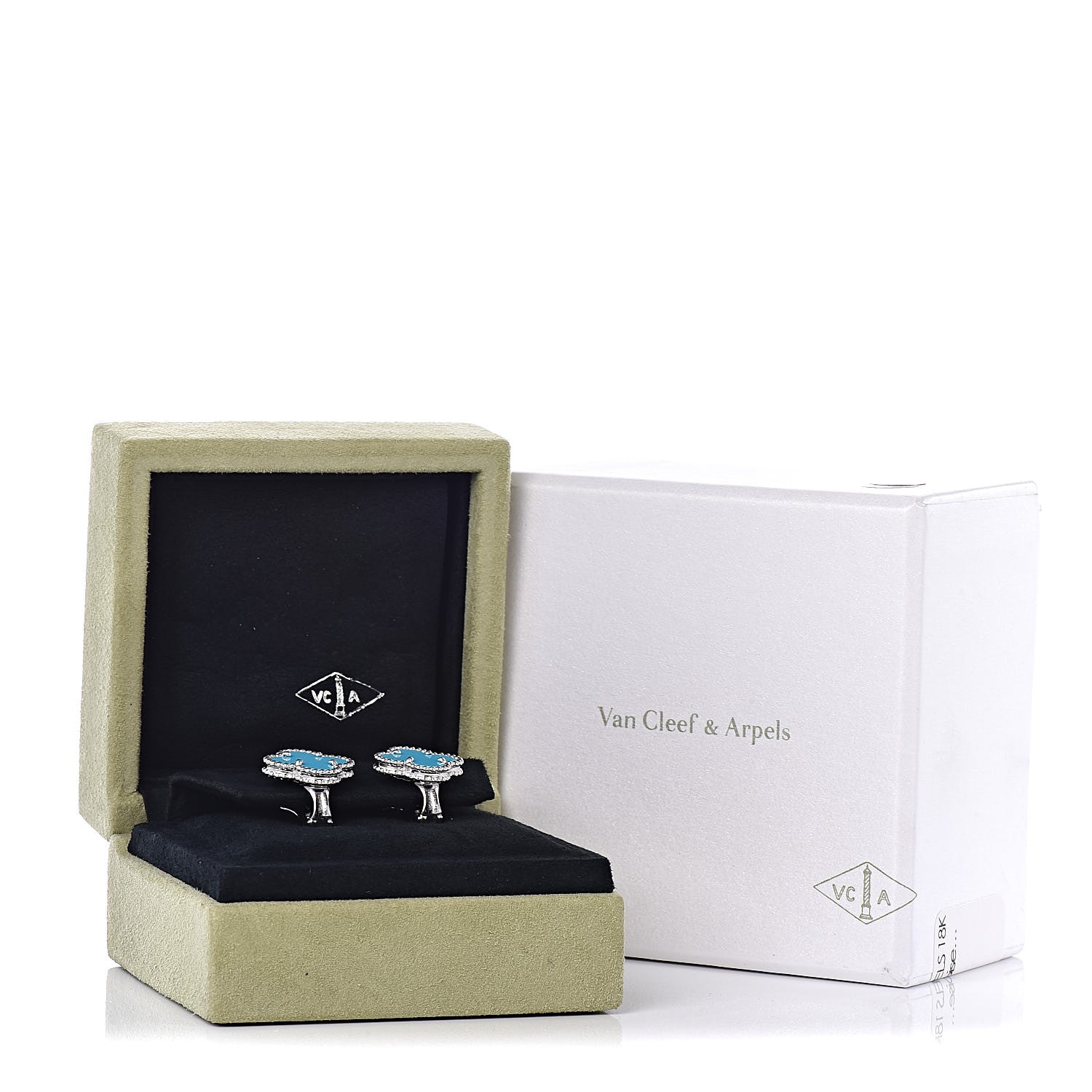 Van Cleef & Arpels 18K White Gold Turquoise Vintage Alhambra Earrings 5 of 5