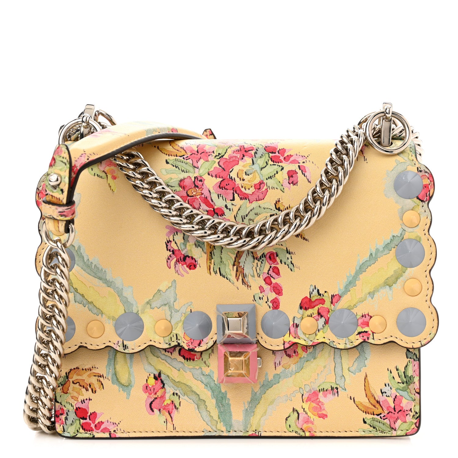 Fendi Vitello Marie Antoinette Print Scalloped Mix Studded Small Kan I Shoulder Bag Panna Multicolor 1 of 10