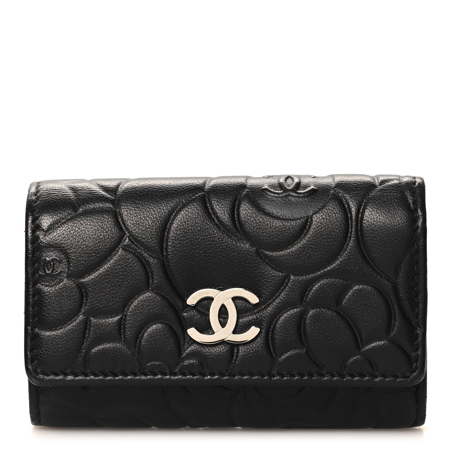 Chanel Lambskin Camellia Embossed 6 Key Holder Black 1 of 9