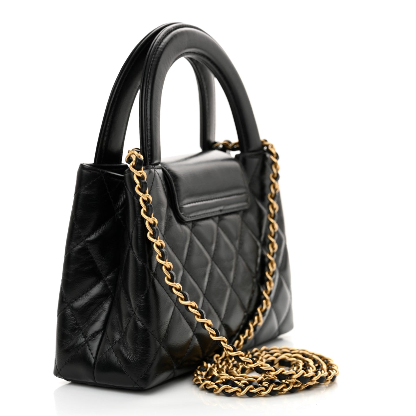 Shiny Aged Calfskin Quilted Nano Kelly Shopper Black