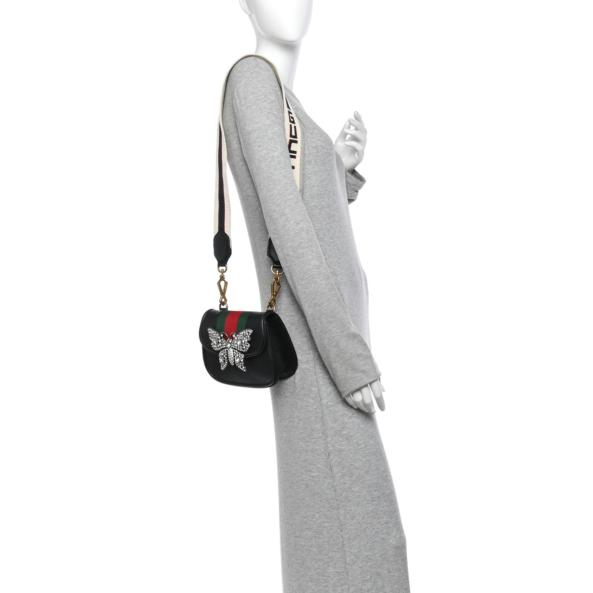 Calfskin Web Crystal Butterfly Stripe Small Totem Shoulder Bag Black