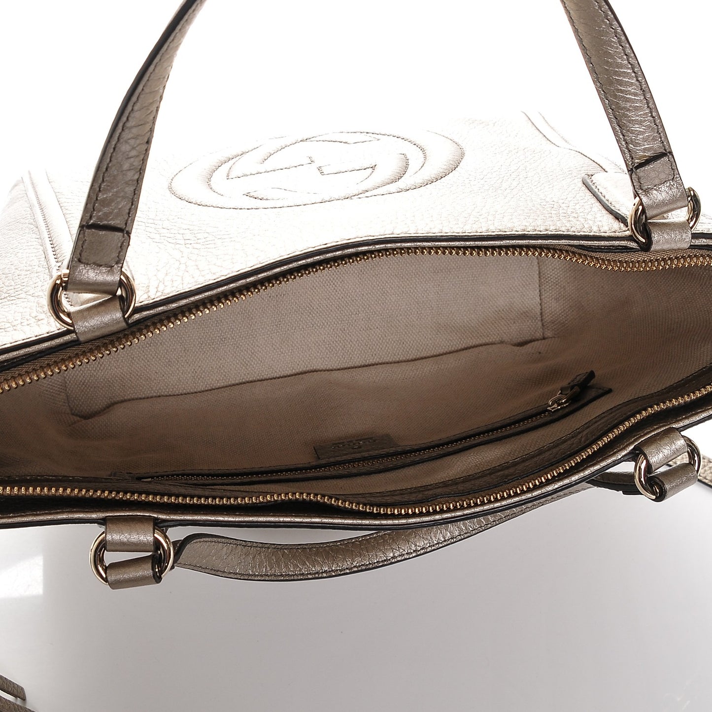 Metallic Pebbled Calfskin Small Soho Top Handle Bag Golden Beige