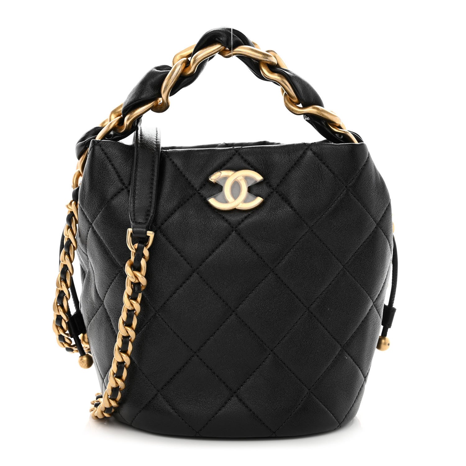Chanel Shiny Lambskin Quilted Chain Is More Drawstring Bag Black 1 of 10
