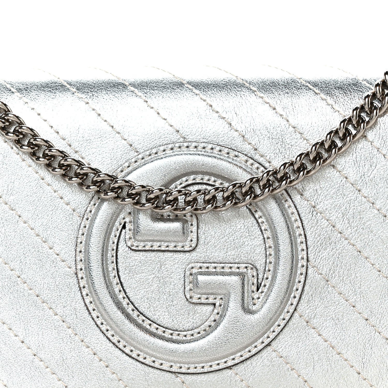 Gucci Metallic Sakai Be Green Calfskin Diagonal Stitched Blondie Wallet on Chain Silver 7 of 9