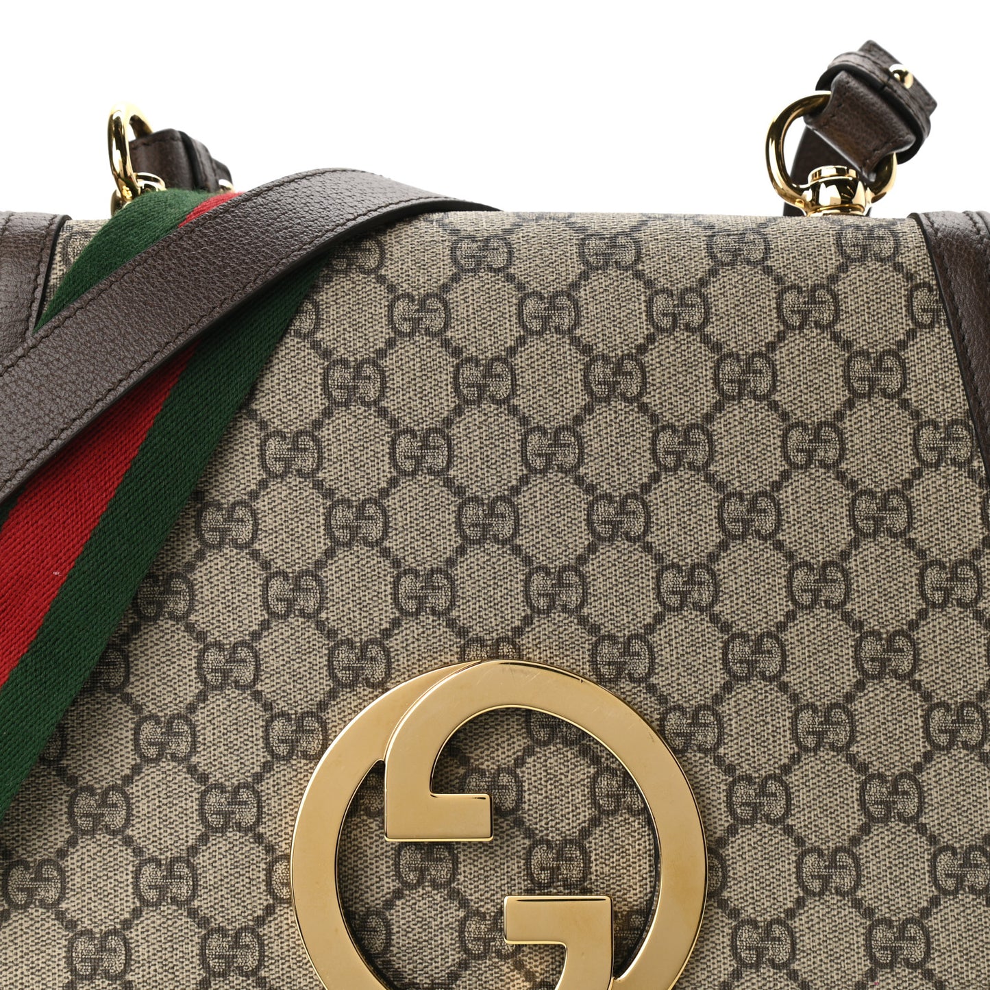 GG Supreme Monogram Textured Dollar Calfskin Web Medium Blondie Shoulder Flap Bag Beige Ebony New Acero